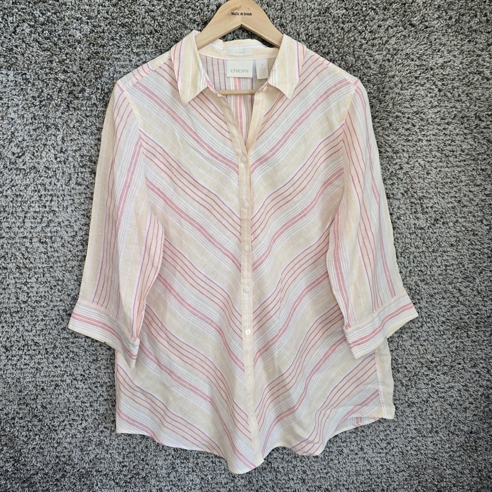 Chicos Top Womens 2 US Large Pink Striped Button Up‎ Linen No Iron Ladies Casual